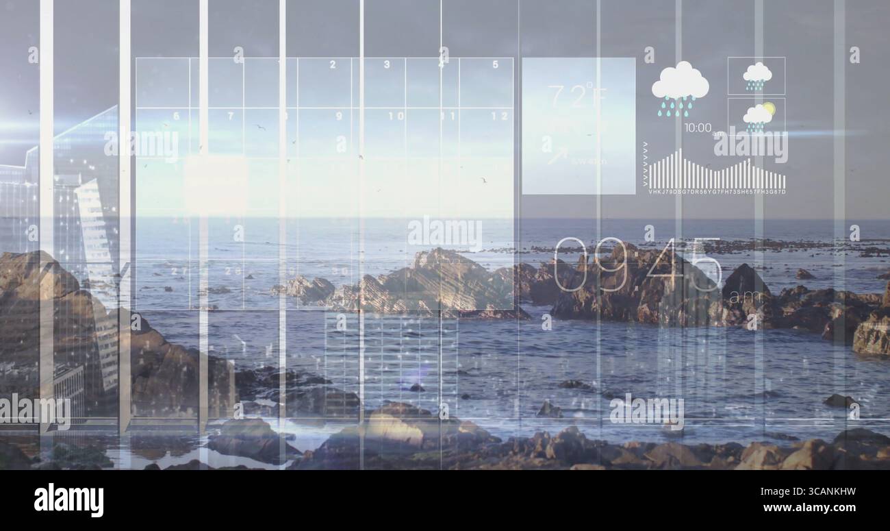 Showing dashboard with calendar grid, clock, weather icons, 72° temp ...