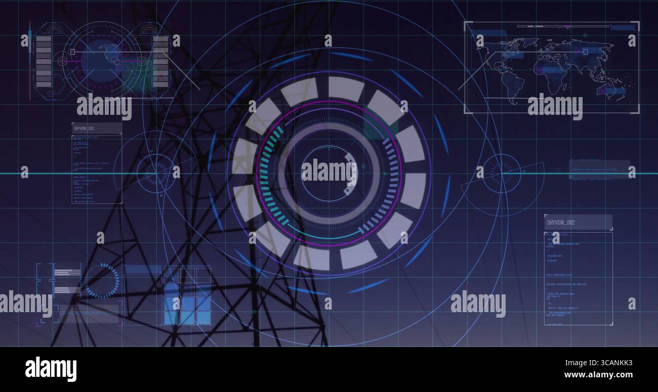 Holographic interface projecting in virtual console, with tower silhouette, globe, code panels, map Stock Photo