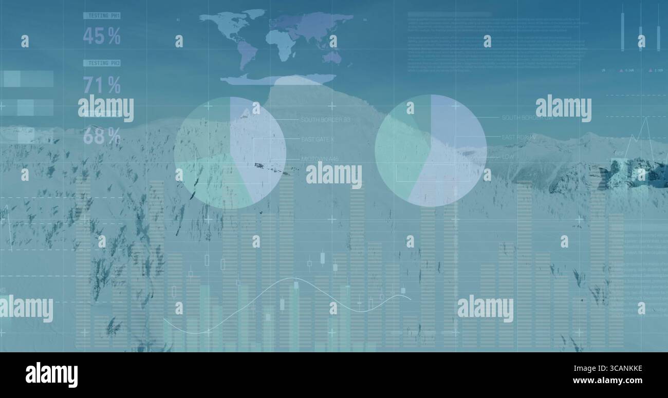 Displaying world map, pie charts, bar charts, line graph and percent labels over glacial terrain Stock Photo