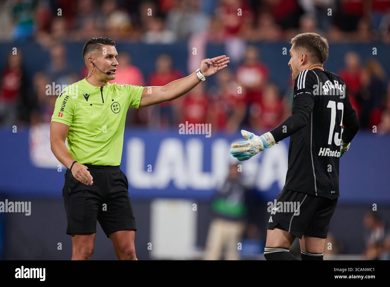 September 3, 2023, Pamplona, Navarra, Spain: Aitor Fernandez of CA Osasuna protest to Ortiz Arias during the LaLiga EA Sports match between CA Osasuna and FC Barcelona at El Sadar on September 3, 2023, in Pamplona, Spain. (Credit Image: © Ricardo Larreina/AFP7 via ZUMA Press Wire) Stock Photo