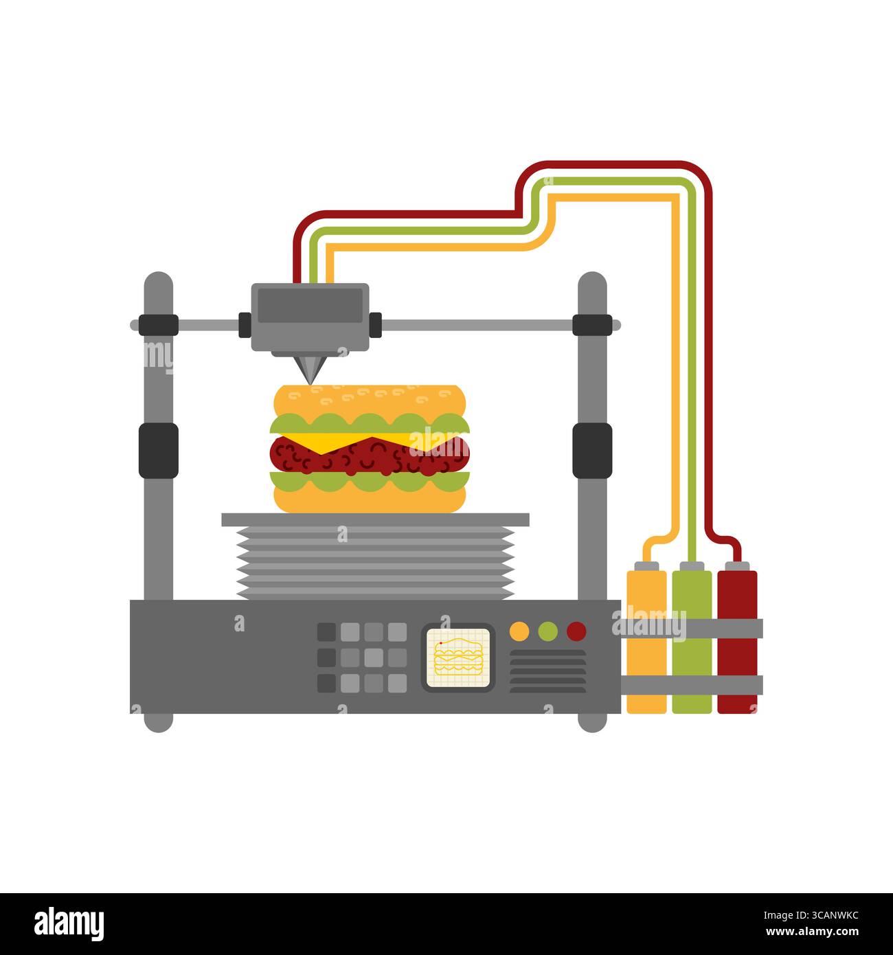 Futuristic 3D printer producing a cheeseburger. Symbol of food innovation, artificial meal creation, and future technology in culinary industries. Stock Vector