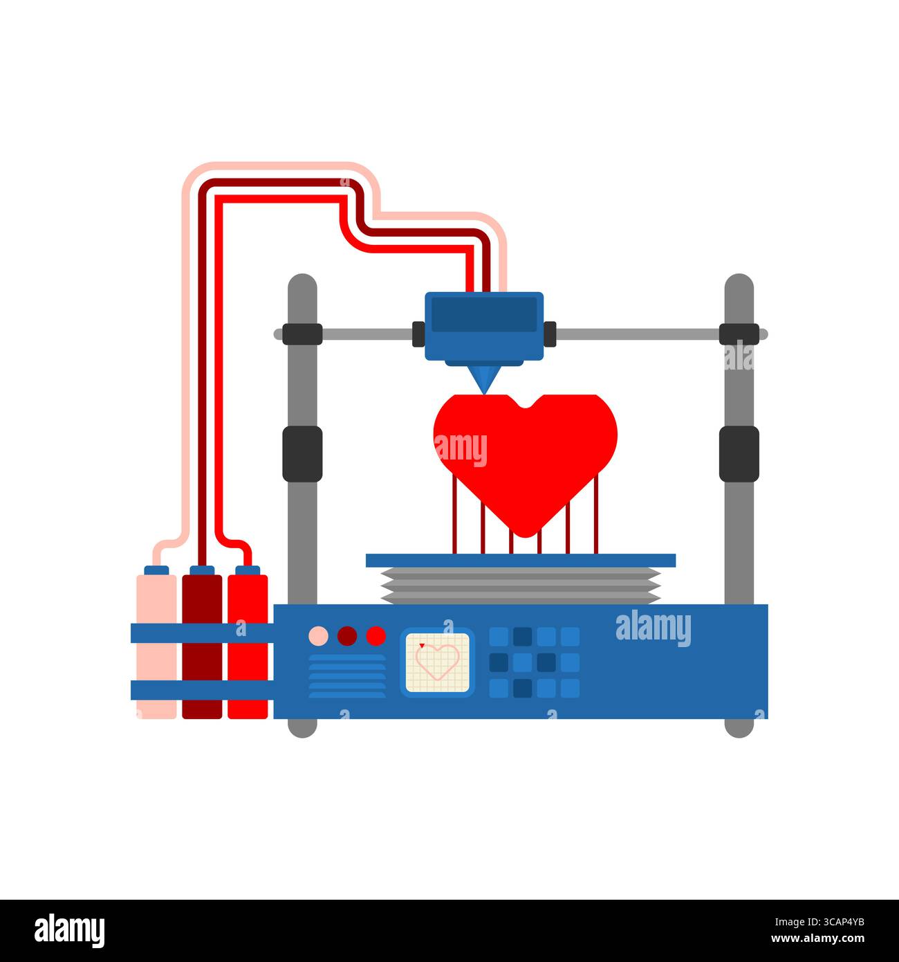 Bioprinter creating a symbolic red heart. Concept of future organ printing, biotechnology, and artificial life. Represents innovation in medical scien Stock Vector