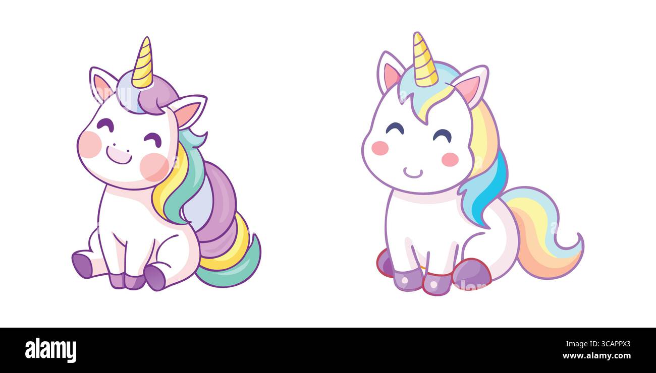 Cute Pastel Unicorns with Rainbow Manes and Happy Smiles Stock Vector ...
