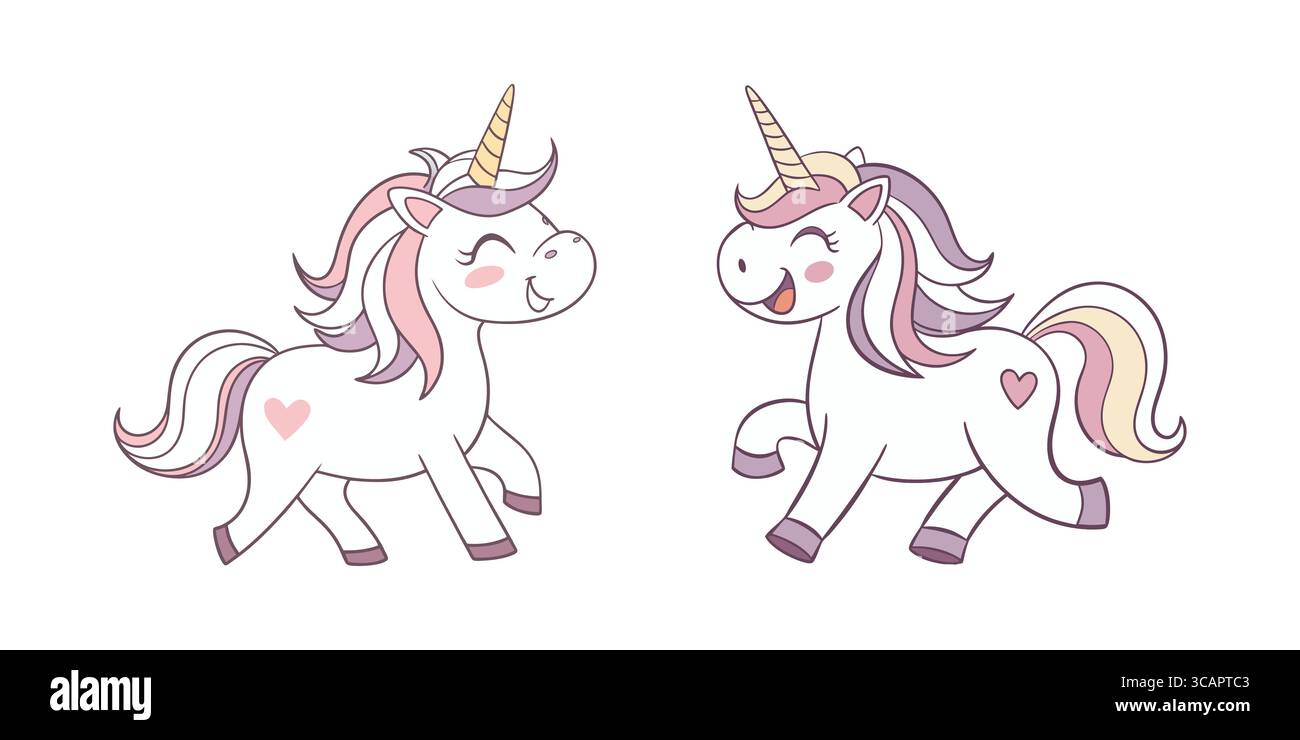 Cute Unicorns with Heart Markings and Rainbow Manes Stock Vector