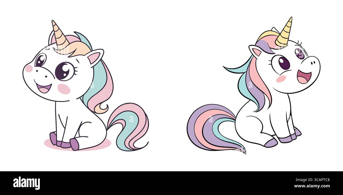 Cute Pastel Unicorns with Rainbow Manes and Magical Horns Stock Vector
