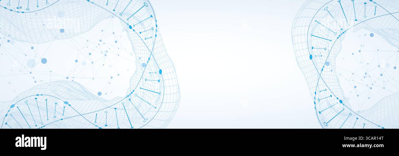 Abstract image of DNA molecule on wireframe wave. Scientific vector background. Stock Vector