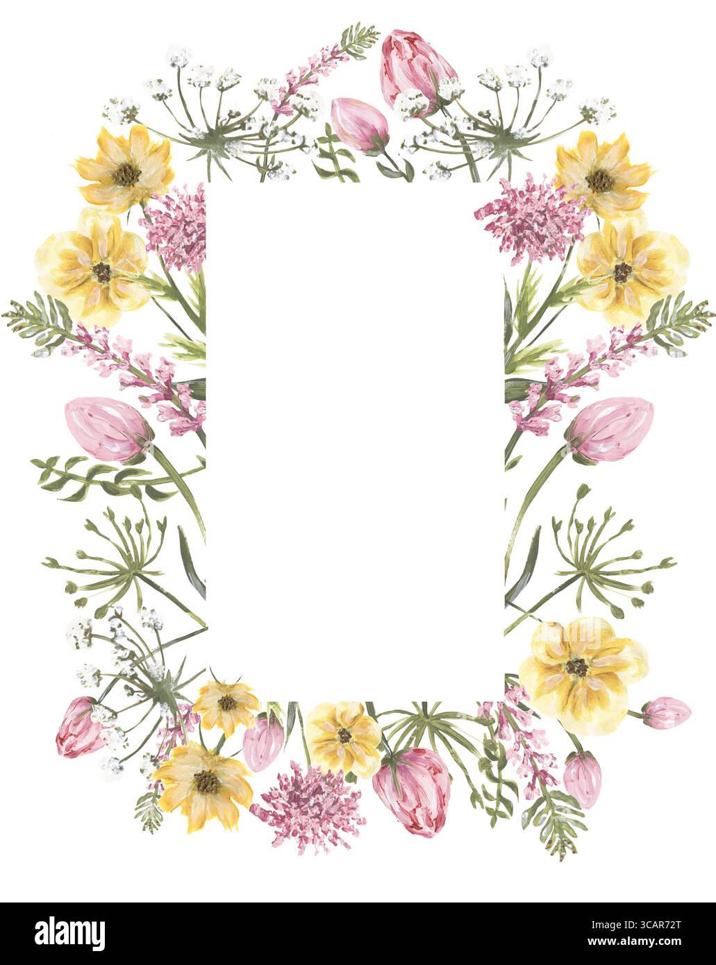 Acrylic illustration of wildflowers frame, meadow florals border, field flowers wreath Stock Photo
