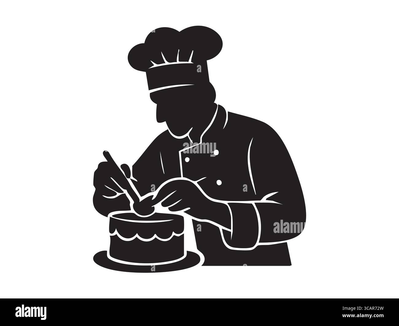 Black silhouette of chef decorating cake with icing, isolated on white ...