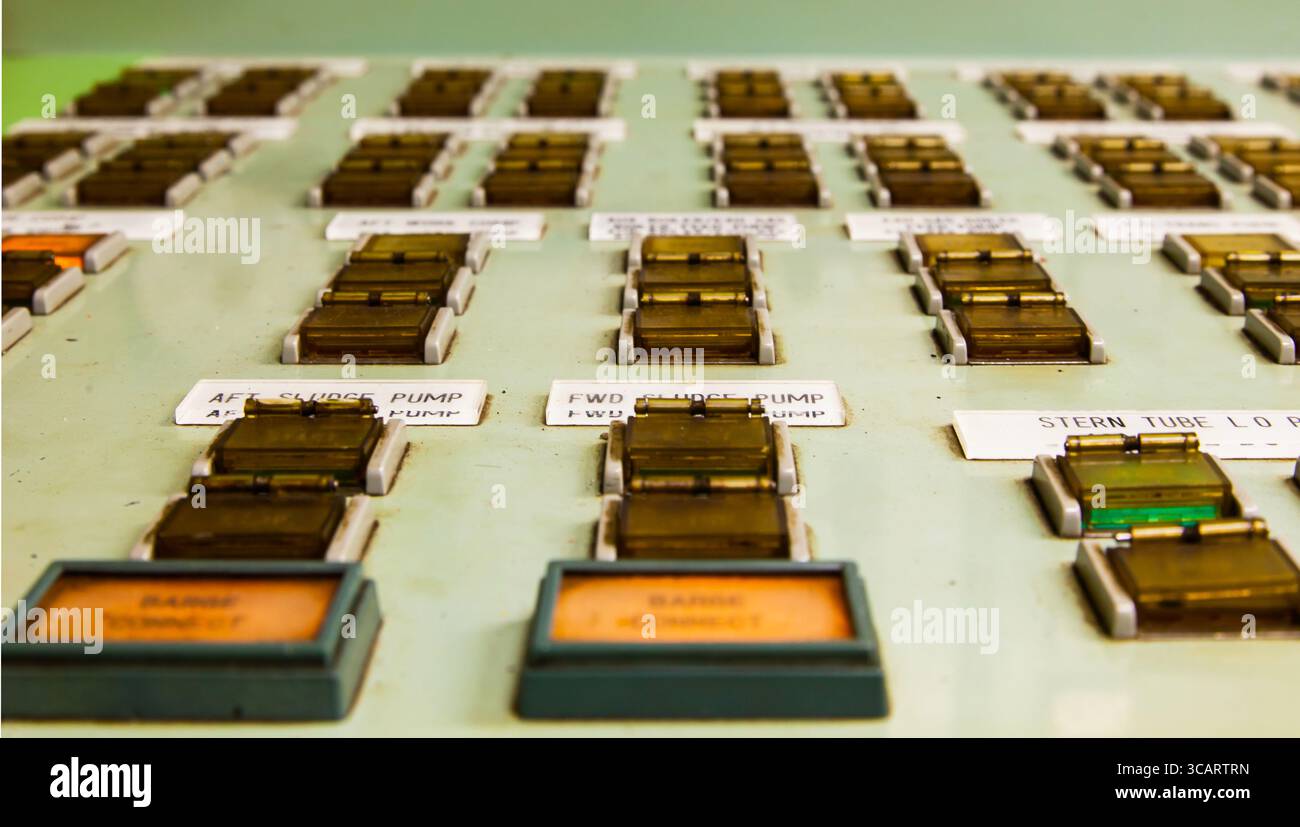 Dashboard in the engine room on the ship. Stock Photo