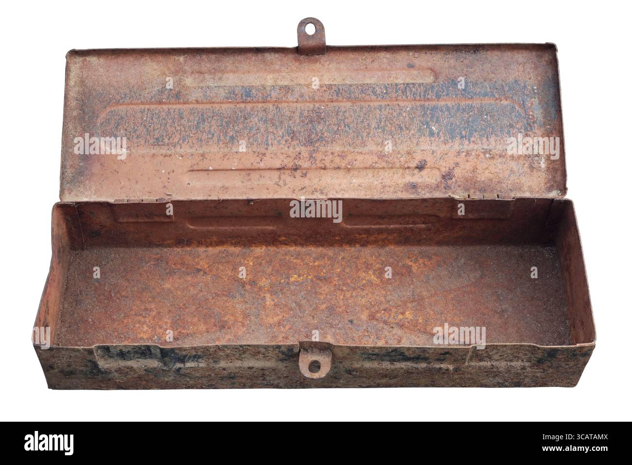 Rusty old open vintage empty metal box for tools isolated on white Stock Photo