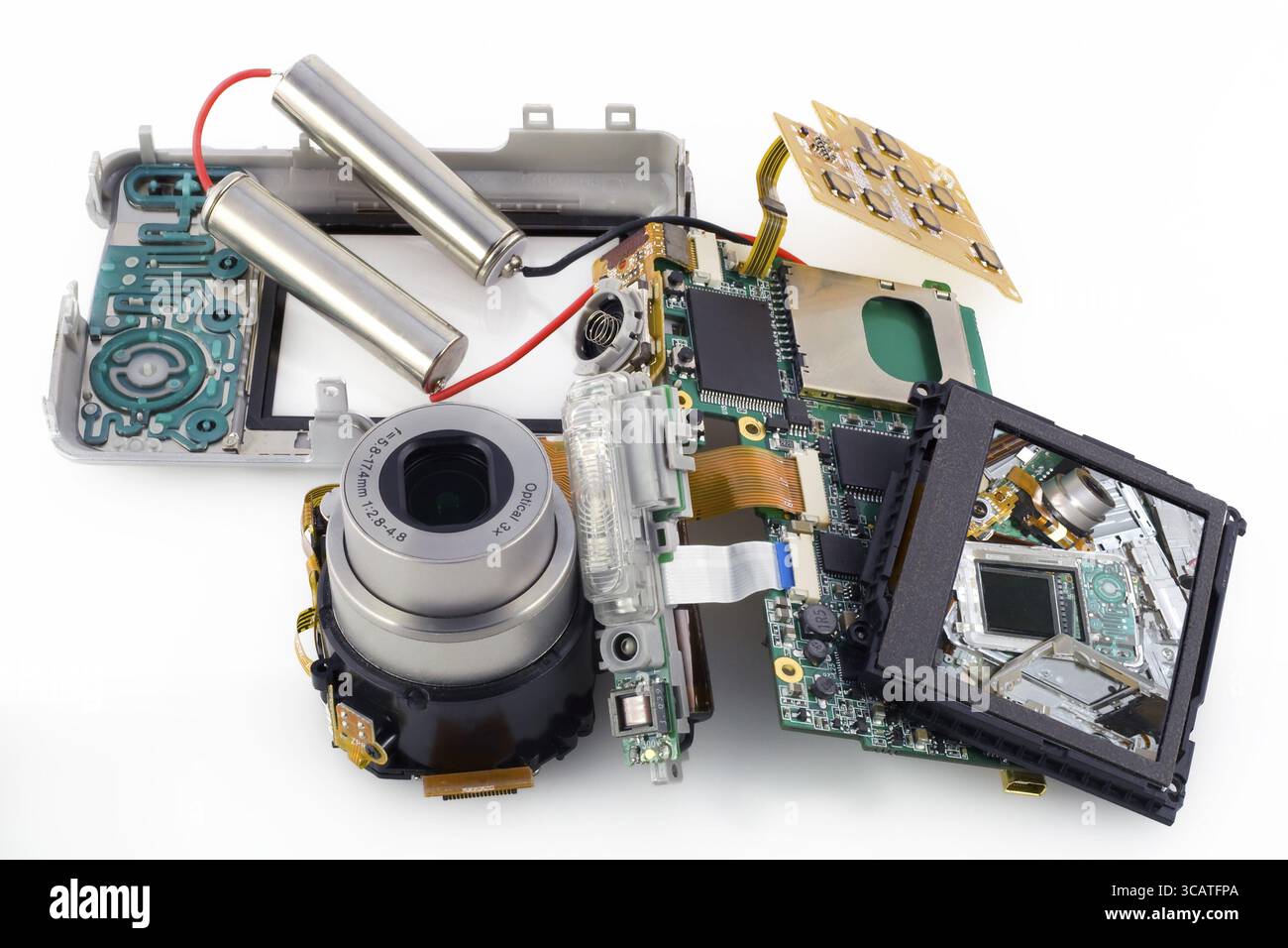 Cracked disassembled broken mass compact digital camera. Isolated on ...