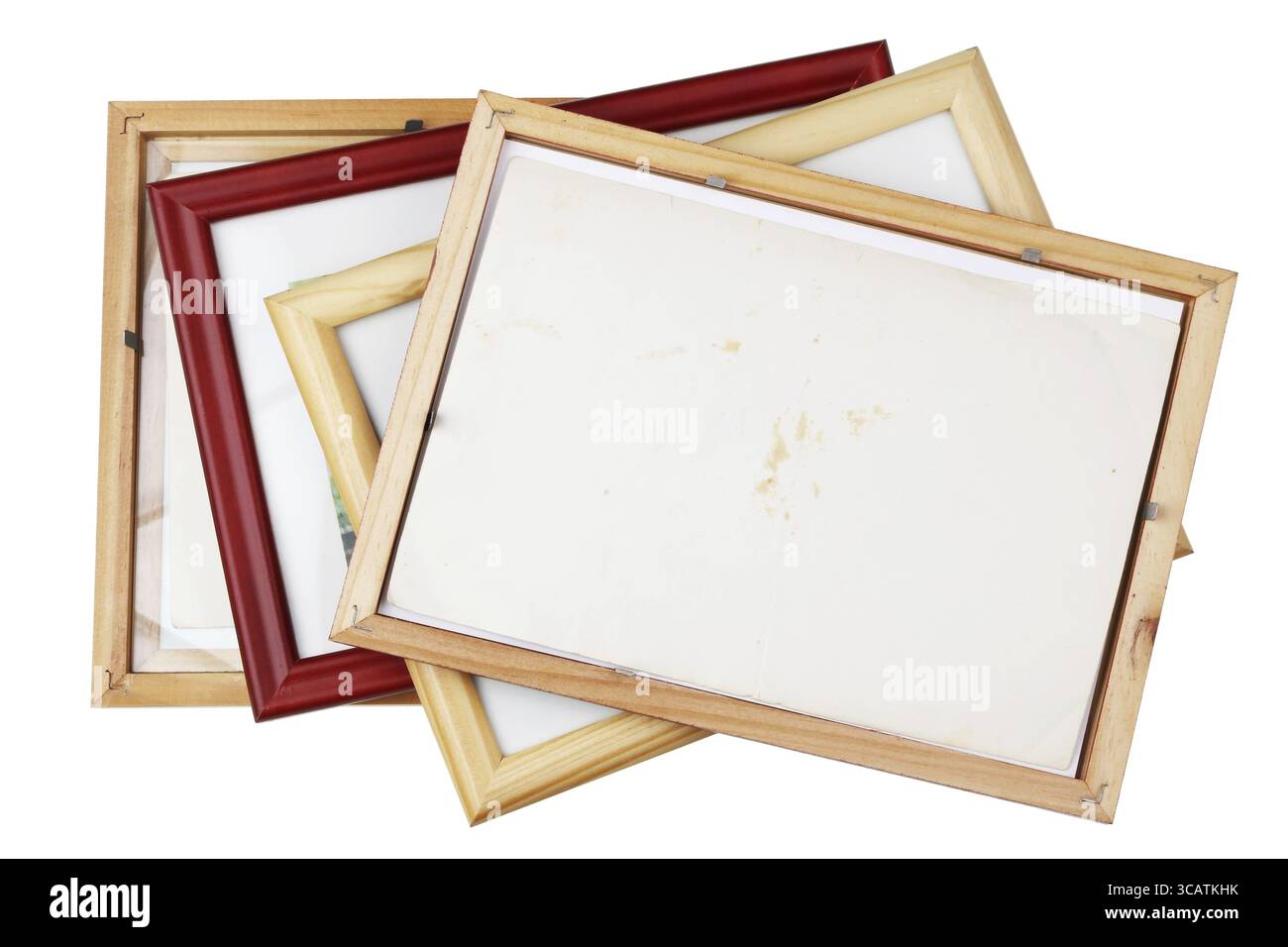 Back side of old wooden vintage photo frames heap. Isolated on white ...