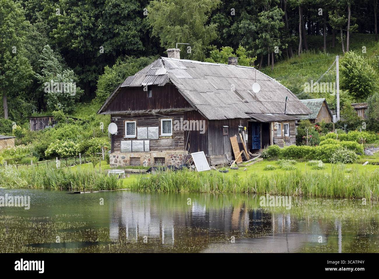 The rotten house of the forest warden on the bank of the forest lake ...