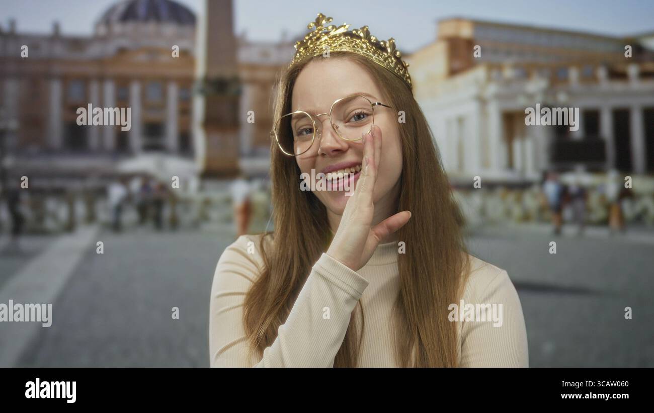 Princess wearing golden crown glasses hi-res stock photography and ...