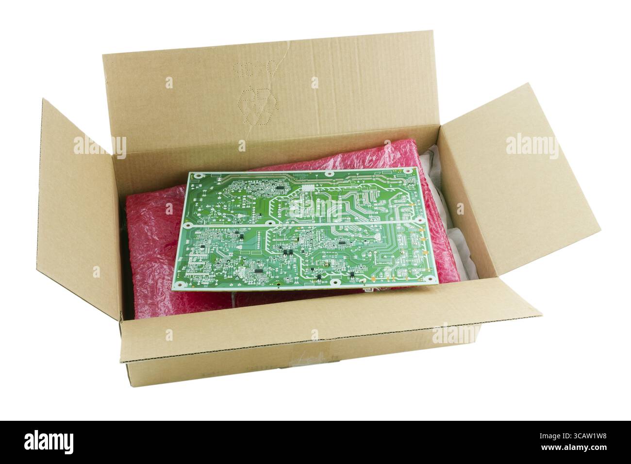 Cardboard box and soft packaging vesiculate film for mass production electronics. Container for transfer by mail. Isolated with patch. All logos and t Stock Photo
