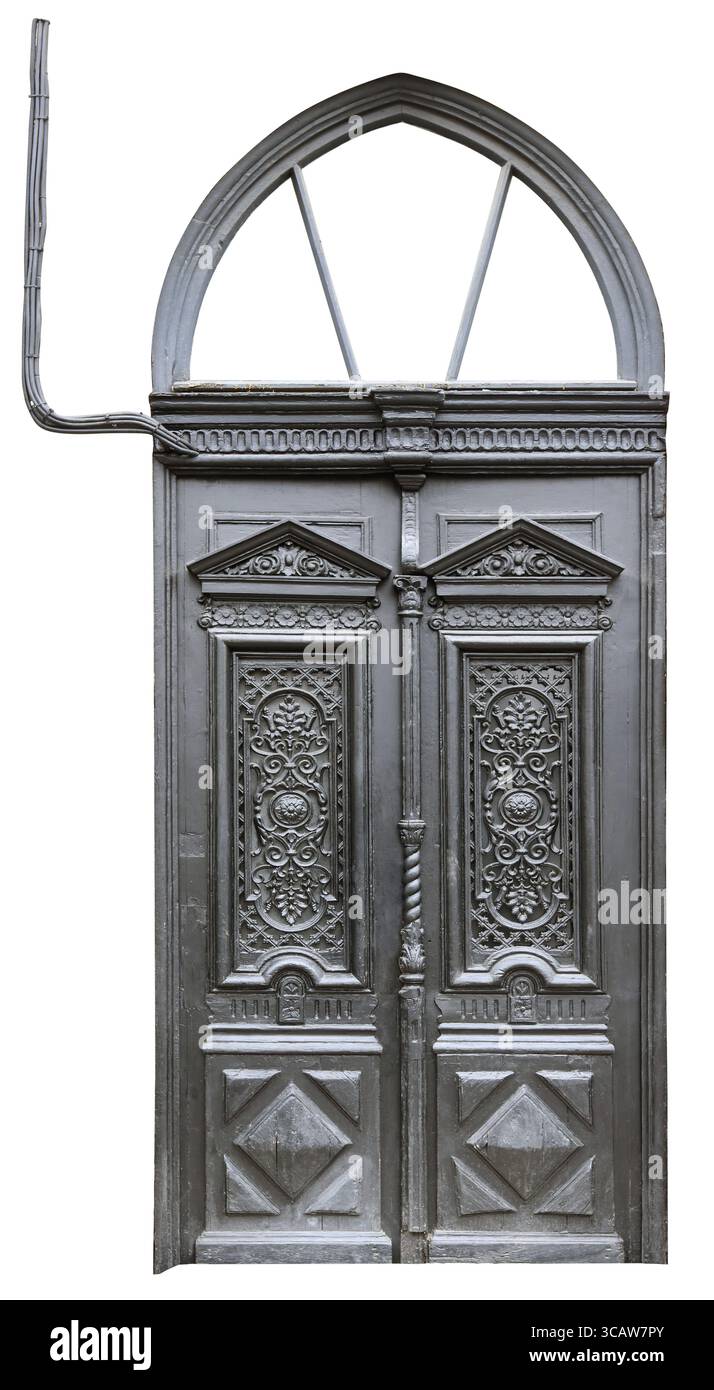 Vintage retro black wooden door of the 18th century and modern electric ...