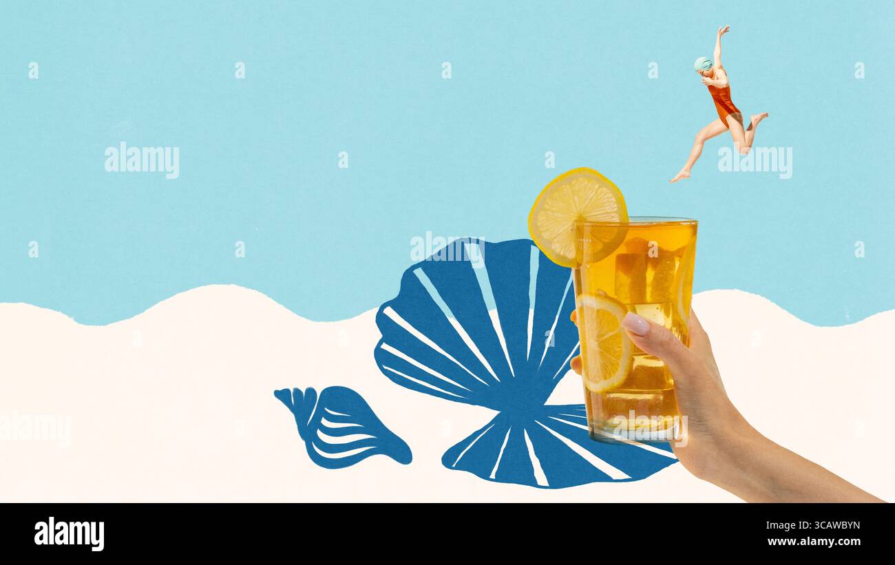 Creative collage of female diver jumping into lemon iced tea in hand ...