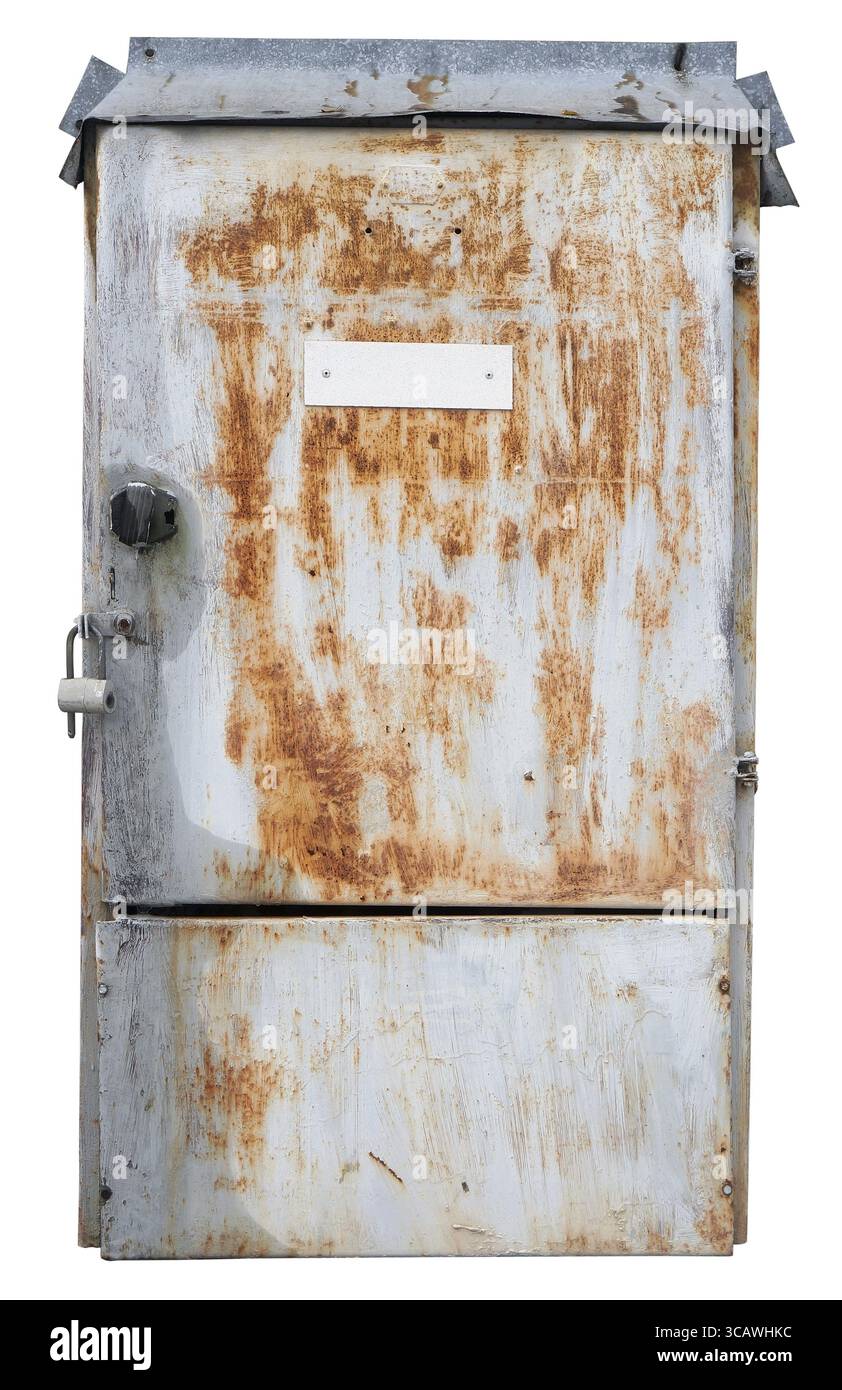 Old rusty retro metal box for electrical fuses and switches. Isolated ...