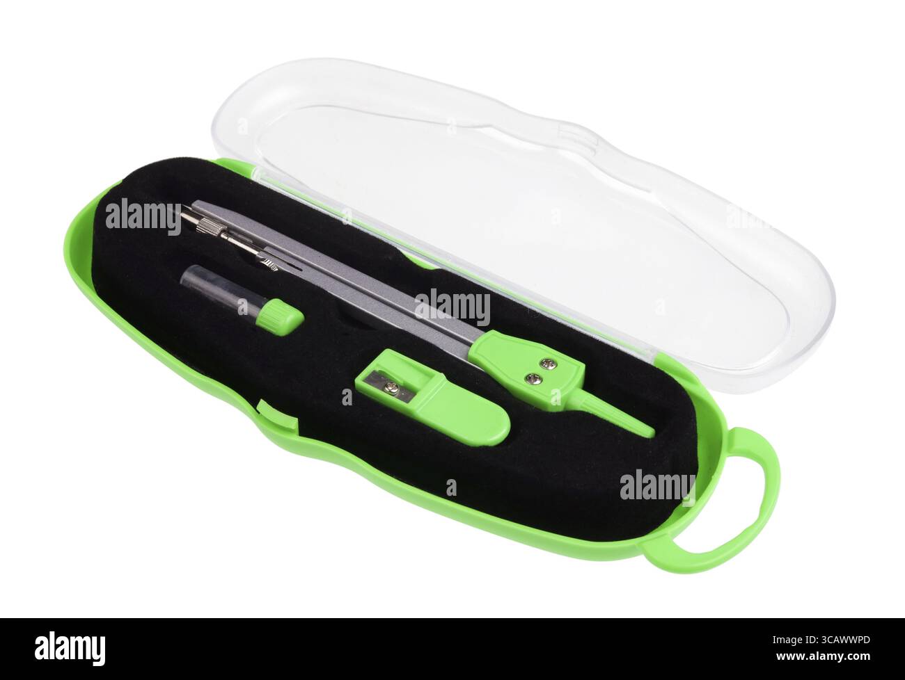Simple school green compass in a plastic box. Mass production. Isolated with patch studio macro Stock Photo
