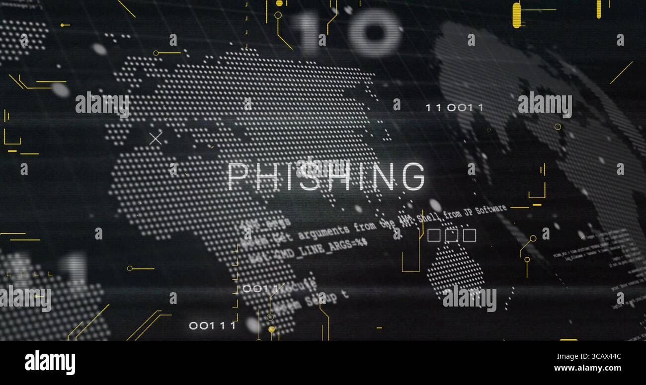 Displaying bold PHISHING text overlaying digital grid, with binary digits and circuit UI Stock Photo