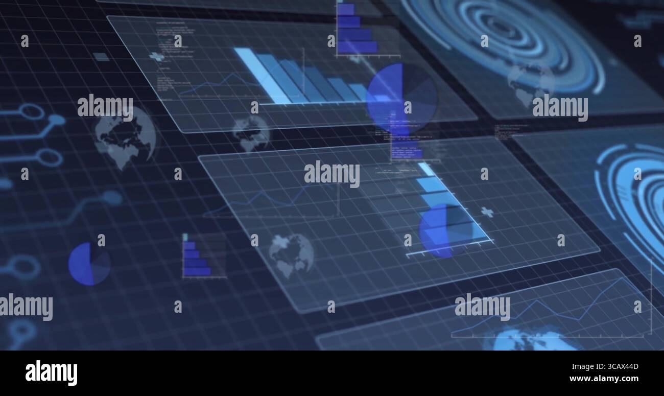 Floating panels displaying bar, pie and line charts, with world map icons in virtual workspace Stock Photo