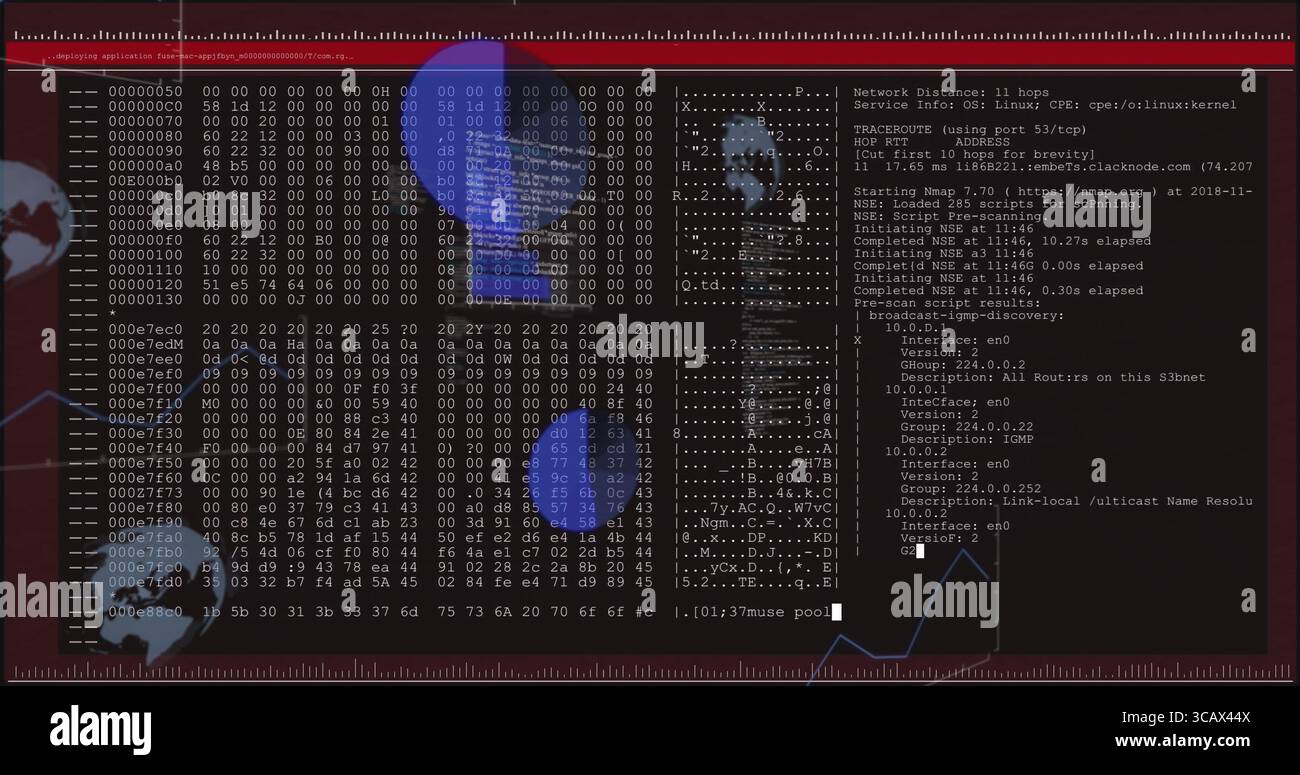 Displaying windows showing hex dump and network scan output on ...