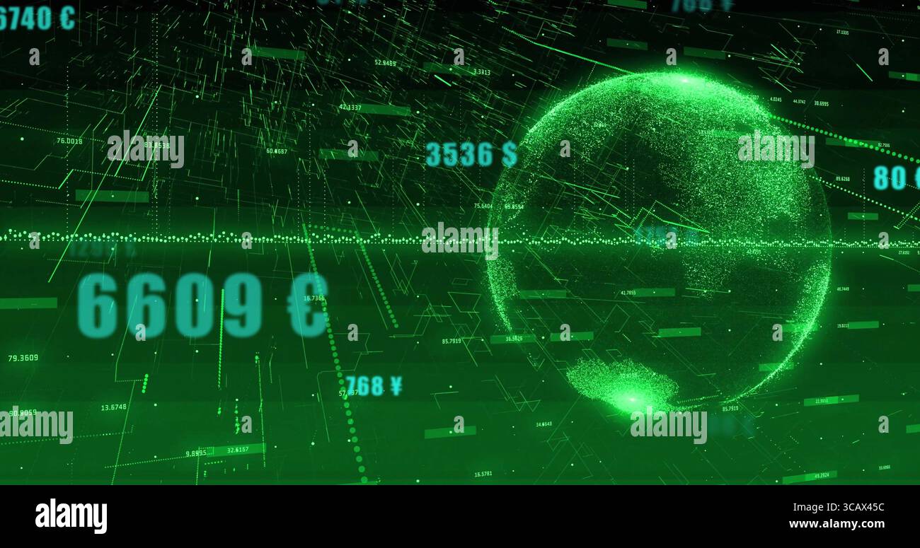 Displaying dashboard streaming numeric data around holographic globe with waveform line, copy space Stock Photo