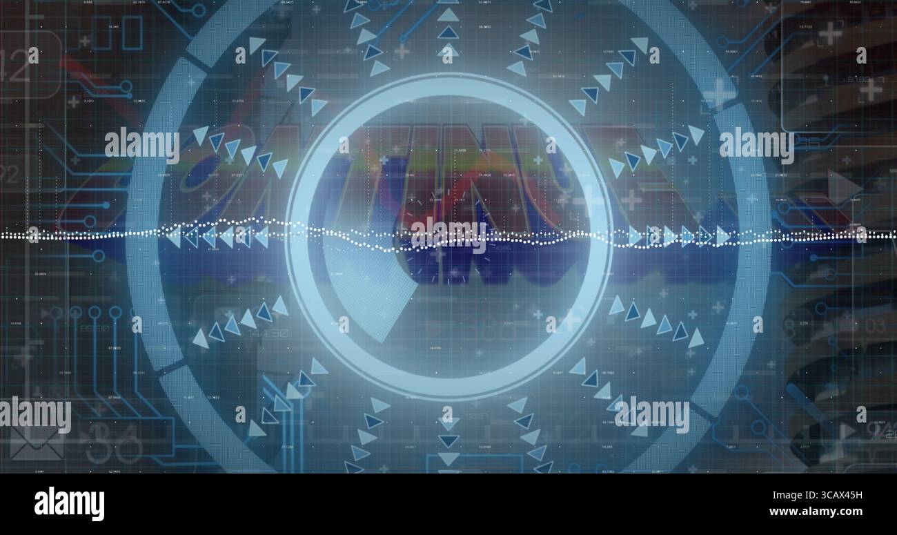 Displaying glowing central circular element within HUD, with triangular arrow icons and waveform Stock Photo