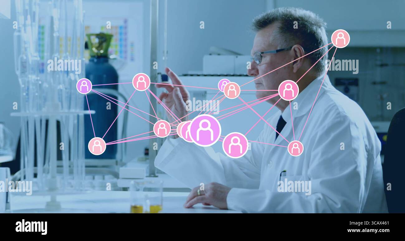 Gesturing researcher wearing lab coat pointing at digital network icons ...