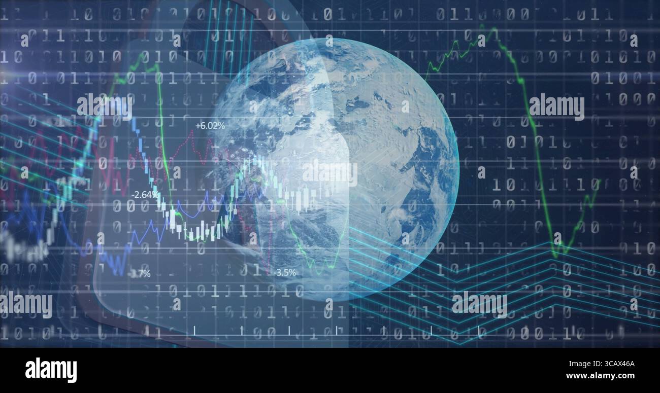 Displaying transparent Earth globe over binary code grid, showing colored financial data charts Stock Photo