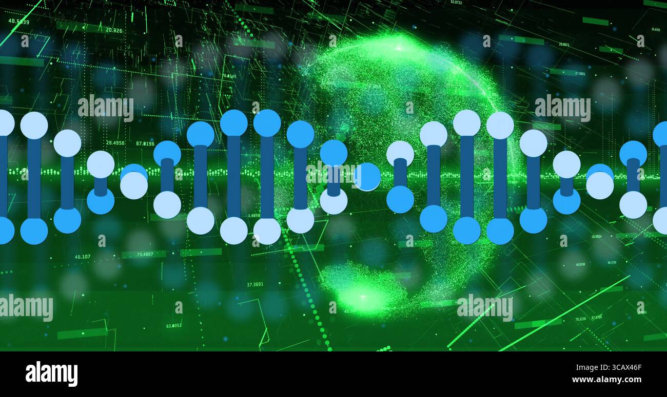 Displaying DNA helix floating over data interface, with particle globe, overlays and grid lines Stock Photo