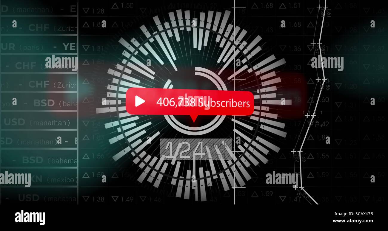 Displaying bar chart on dark dashboard with red subscriber bubble showing 1 Stock Photo