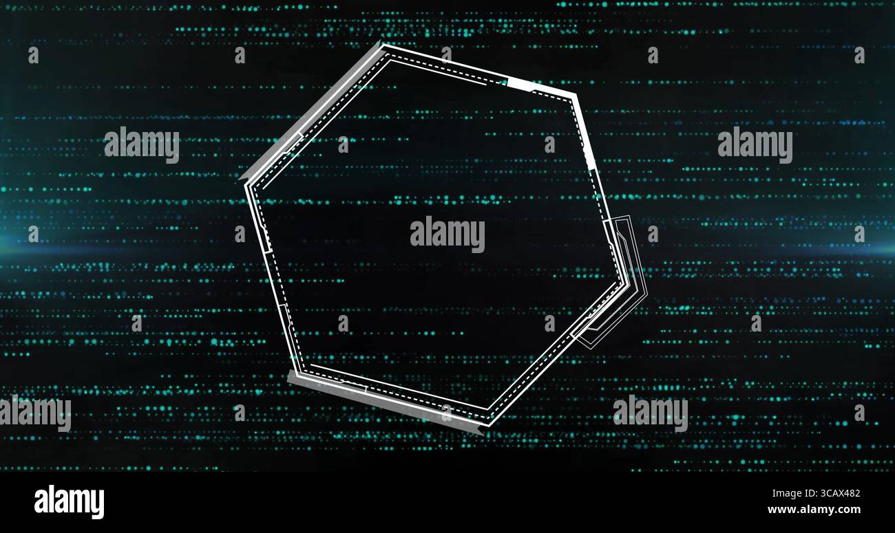 Flowing green binary code filling digital space, showing irregular layered white hexagon outline Stock Photo