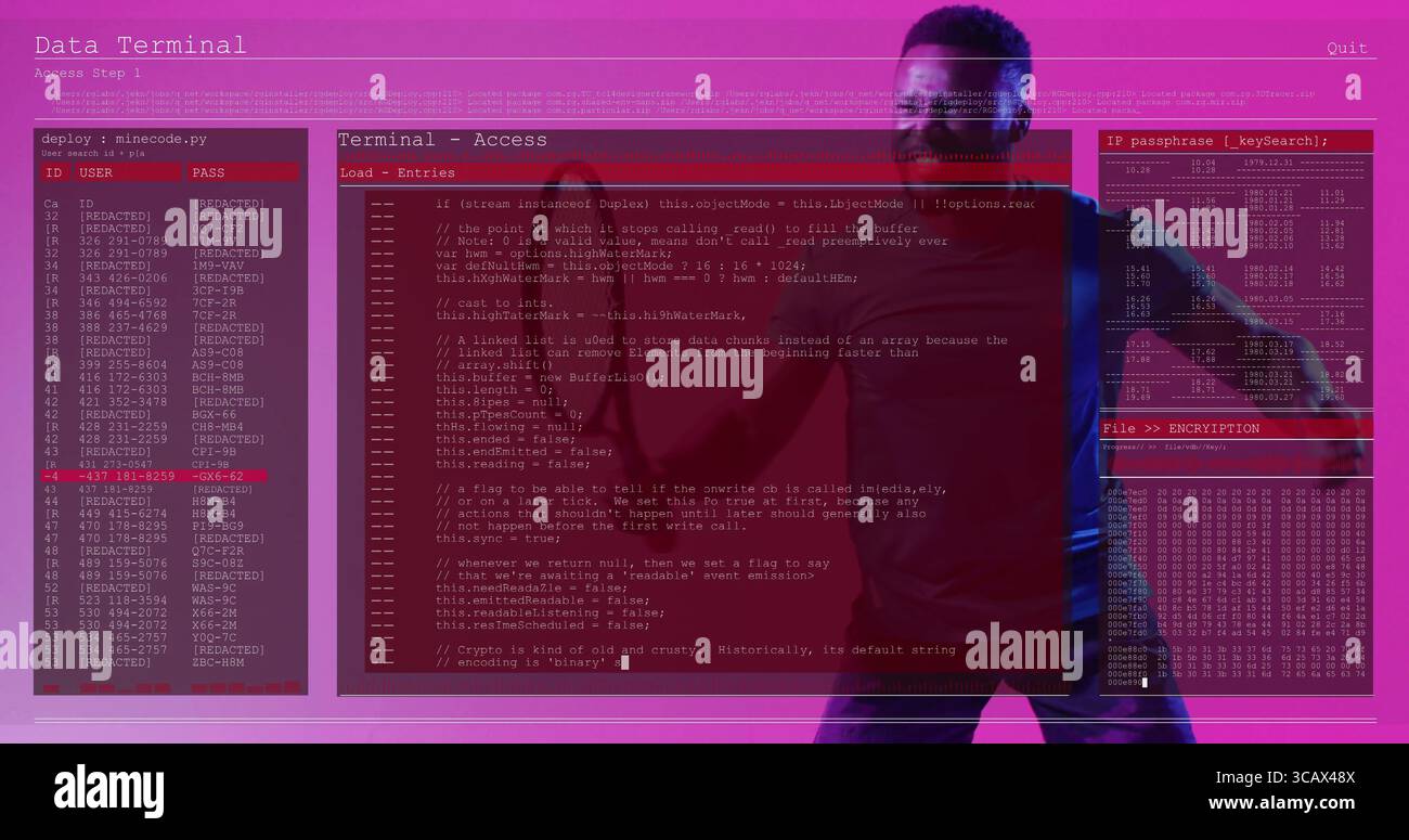 Showing man in red sweater presenting code in tech lab with code editor ...