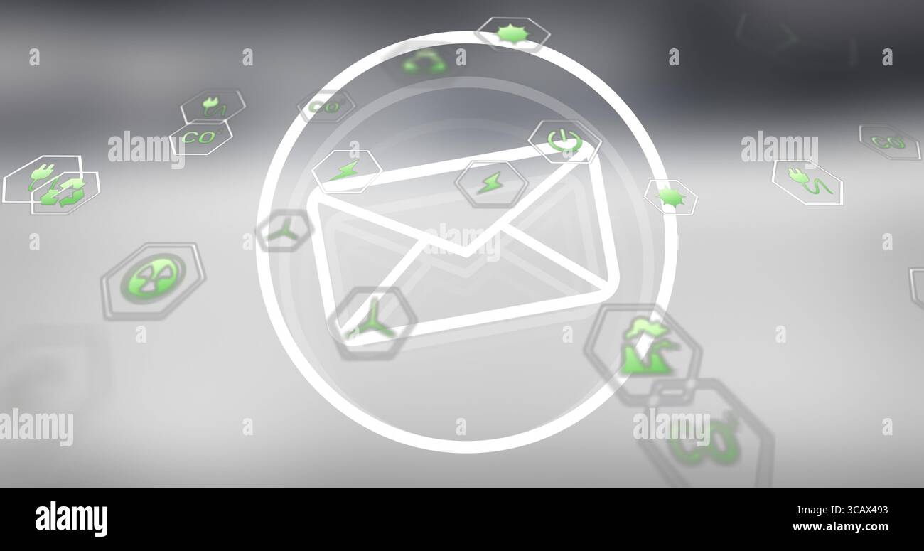 Floating white envelope icon in circular frame hovering over 3D interface, with green icon hexagons Stock Photo