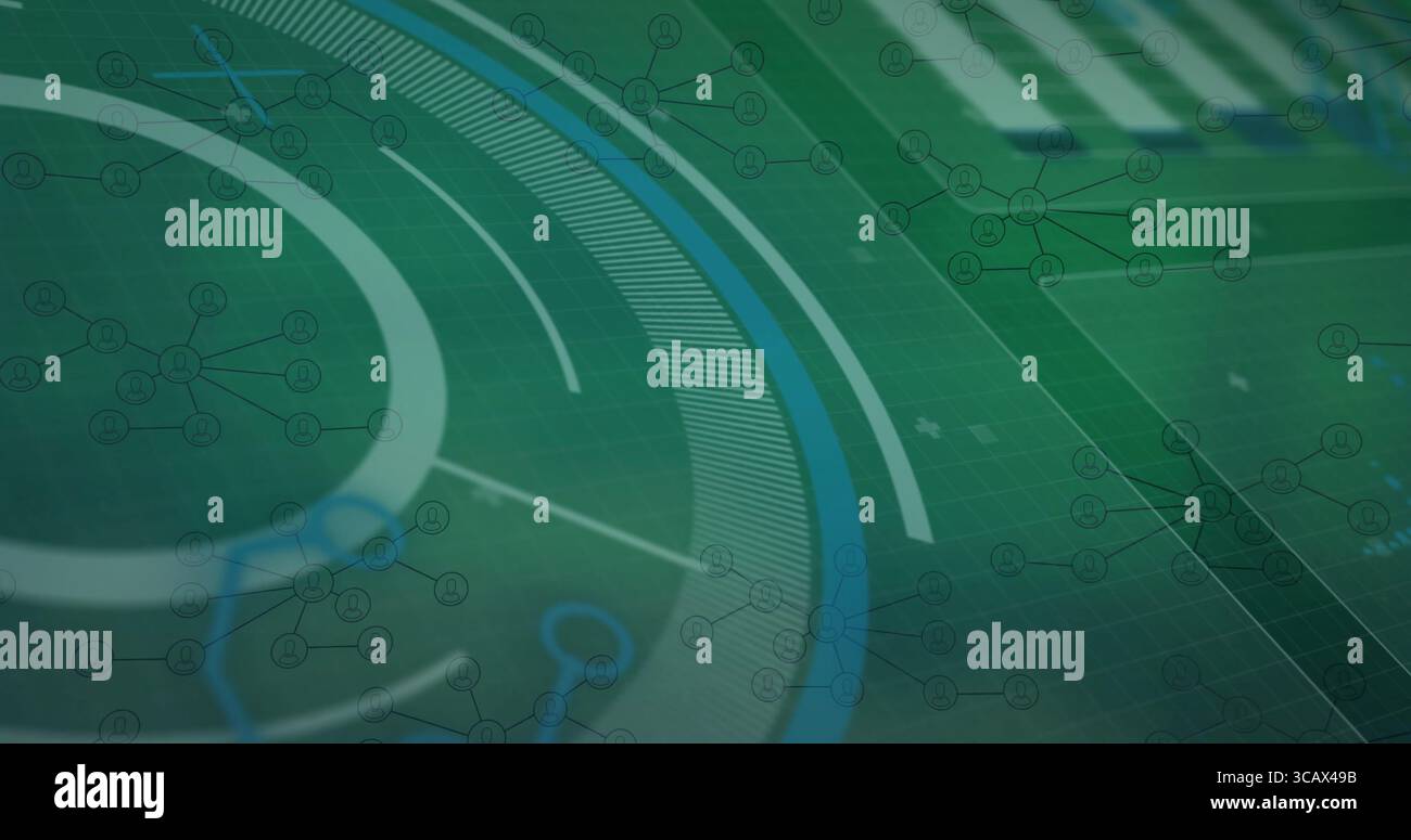 Displaying abstract network graphic in virtual digital interface, with grid pattern and node icons Stock Photo