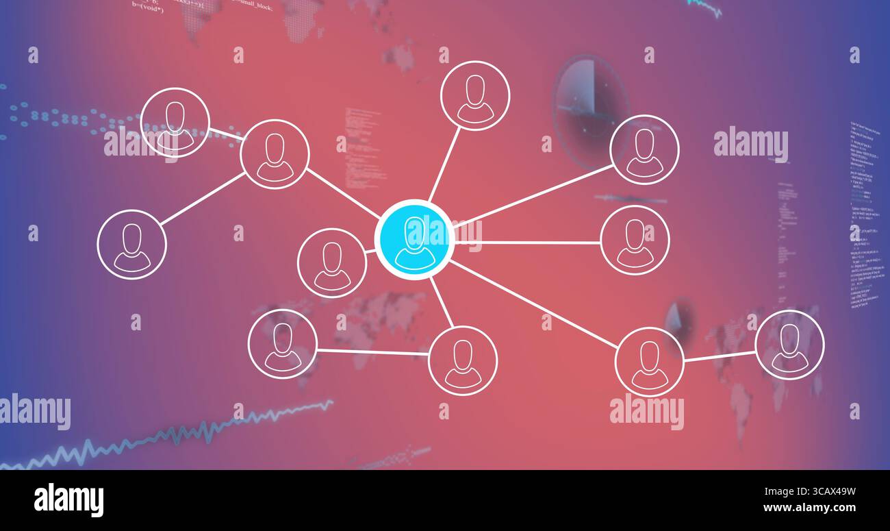 Displaying blue user node linking white icons in network interface, with map and code overlays Stock Photo
