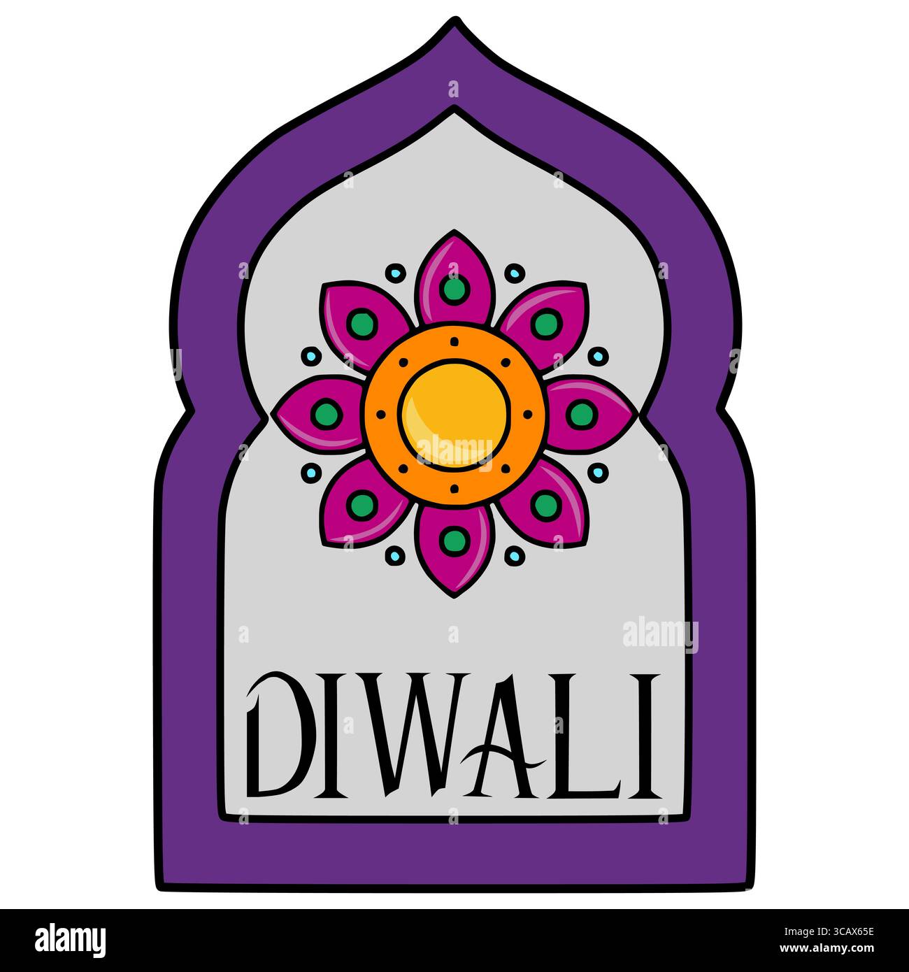 Festive Diwali Vector Illustration A stylized floral mandala within an arched frame, featuring vibrant purple, orange, pink, and teal hues, perfect fo Stock Vector