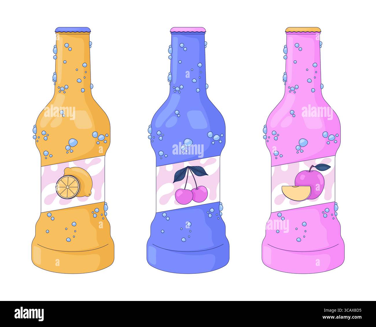 Fruit soda bottles covered in bubbles 2D cartoon objects set Stock ...