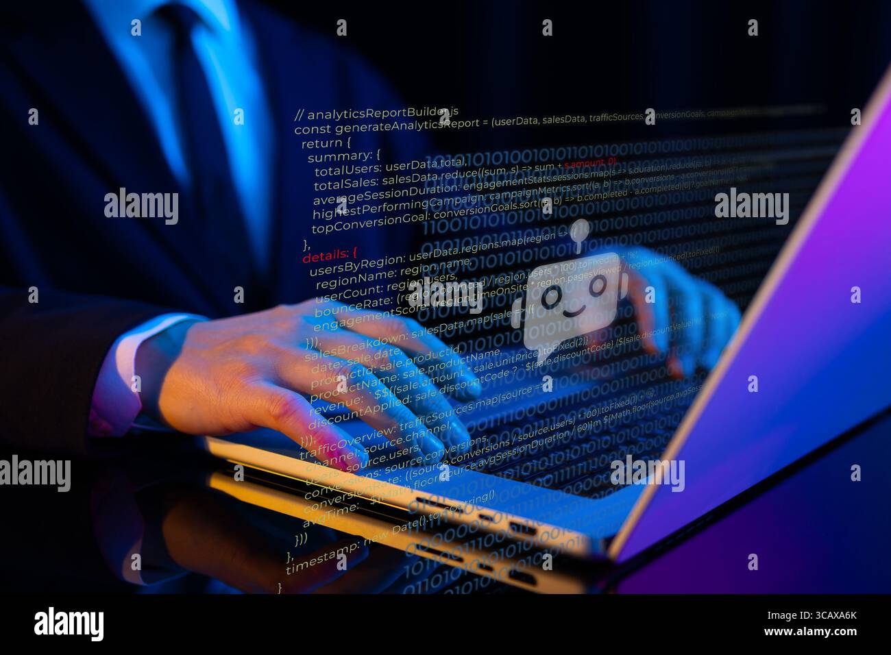 Man working on laptop with holographic code and ChatBot interface. Concept of AI helping with programming and software development Stock Photo