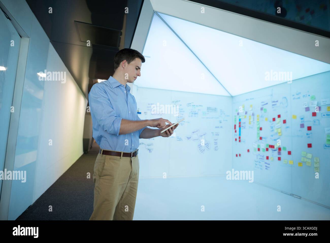Male professional standing on left in lab reviewing whiteboard diagrams with tablet, copy space Stock Photo