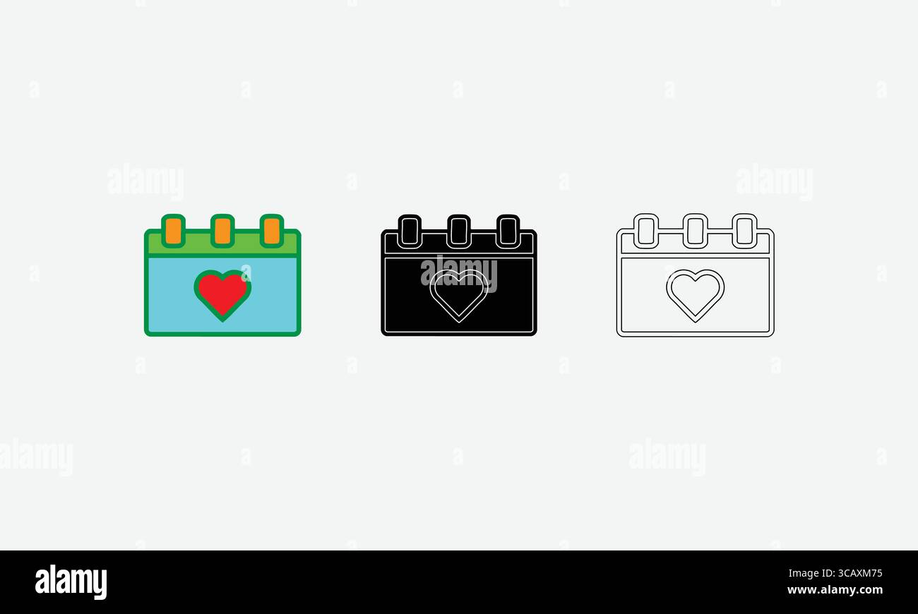 Heart-Adorned Calendar Illustrations in Three Styles Stock Vector