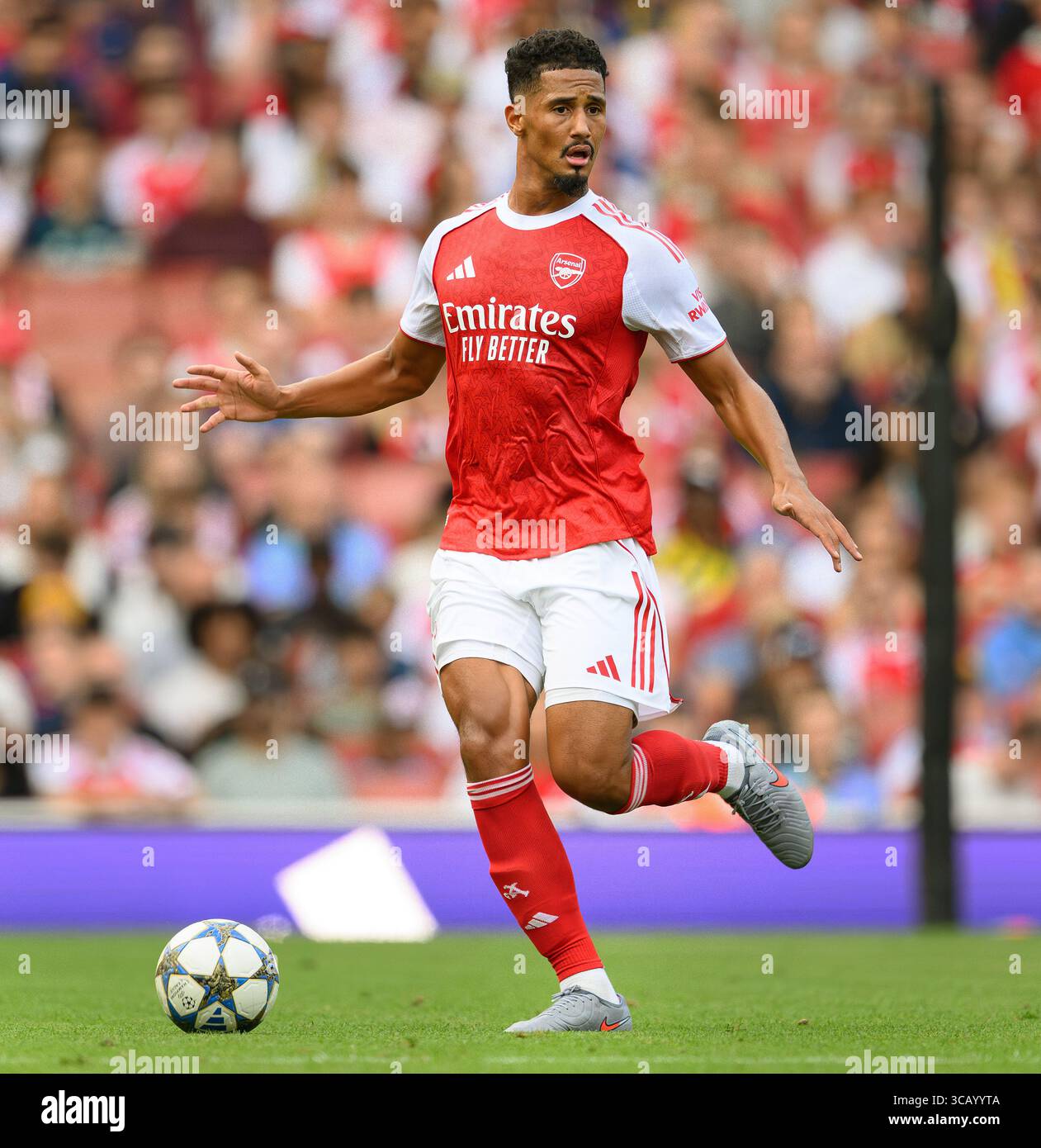 London, UK. 06th Aug, 2025. Arsenal v Villarreal - Emirates Stadium. Arsenal's William Saliba in action. Picture Credit: Mark Pain/Alamy Live News Stock Photo