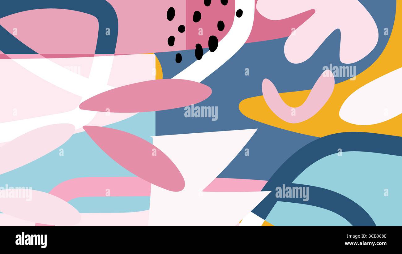Abstract illustration with overlapping color shapes and fun freeform curves in pastel and bold tones. Stock Photo