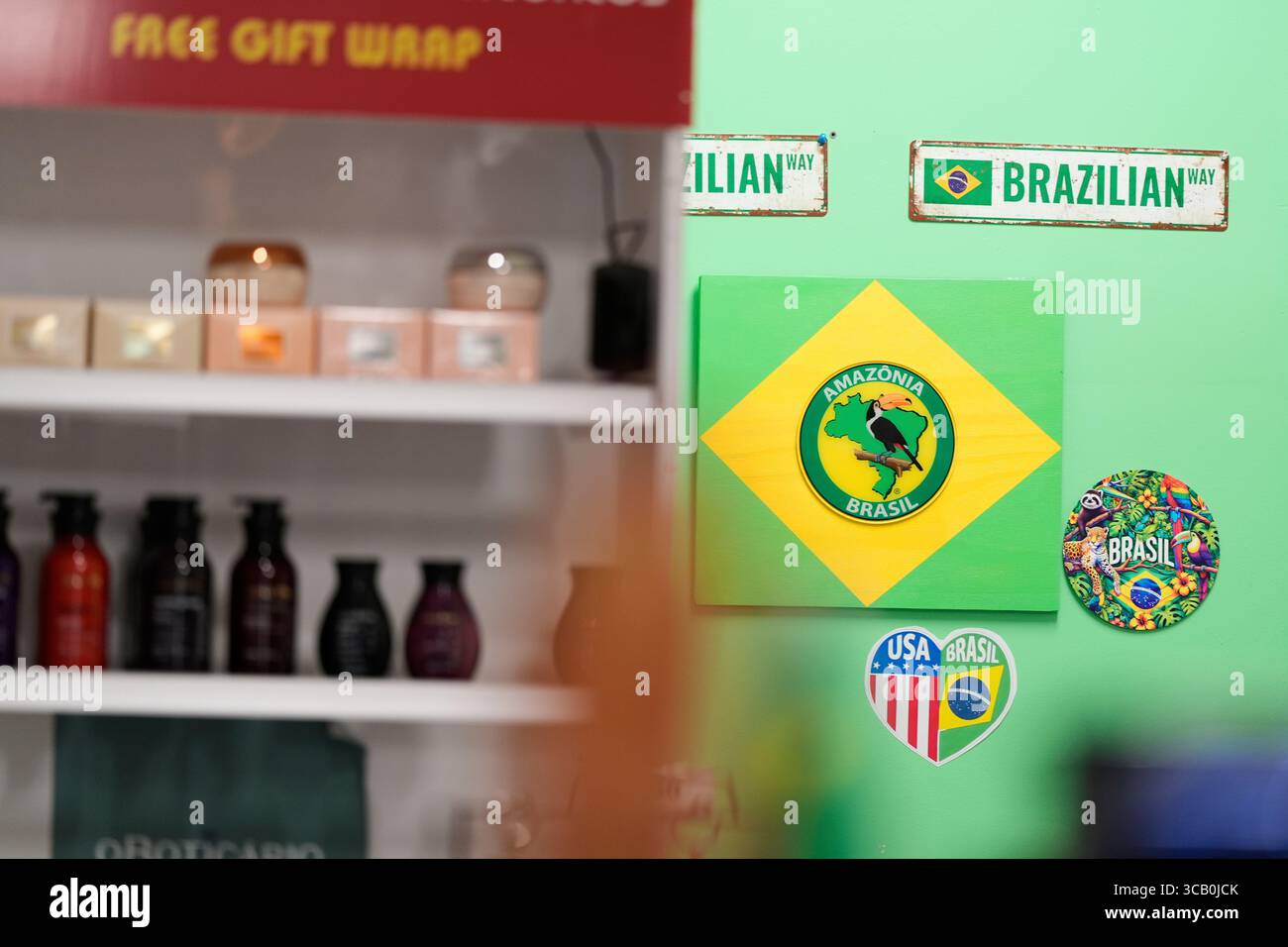 Brasil Store Brazilian flags and paraphernalia are displayed at Amazonia Brasil, a ...