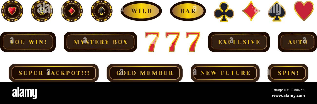 Casino signs vector set, items for gambling, dark and golden colors. Round poker chips, card suits, popular symbols and slogans Stock Vector