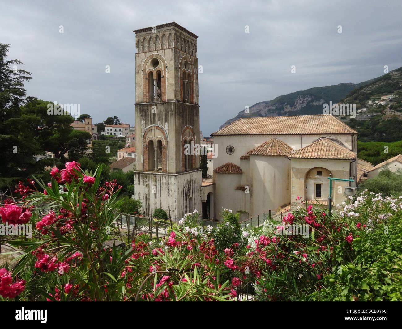 The 13th century Duomo Bell Tower in the town of Ravello on the Amalfi ...