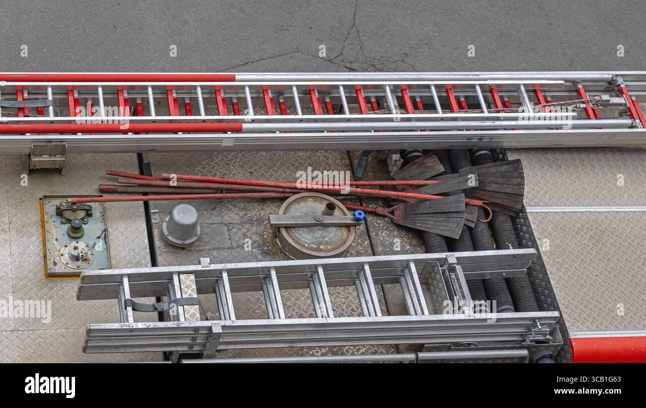 Top View of Fire Engine Truck Long Ladder Hoses and Tool Storage at ...