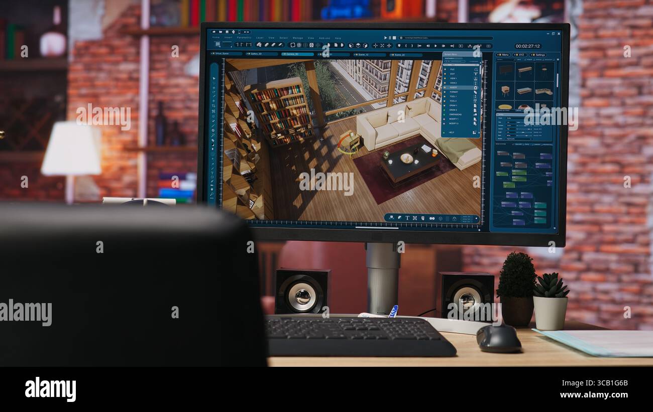 Architectural design software on computer in home office used for ...