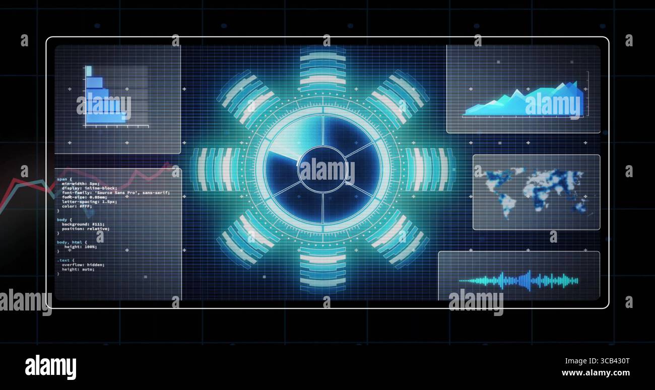 Displaying central circular hub pulsing blue-green light on grid interface, with data panels Stock Photo